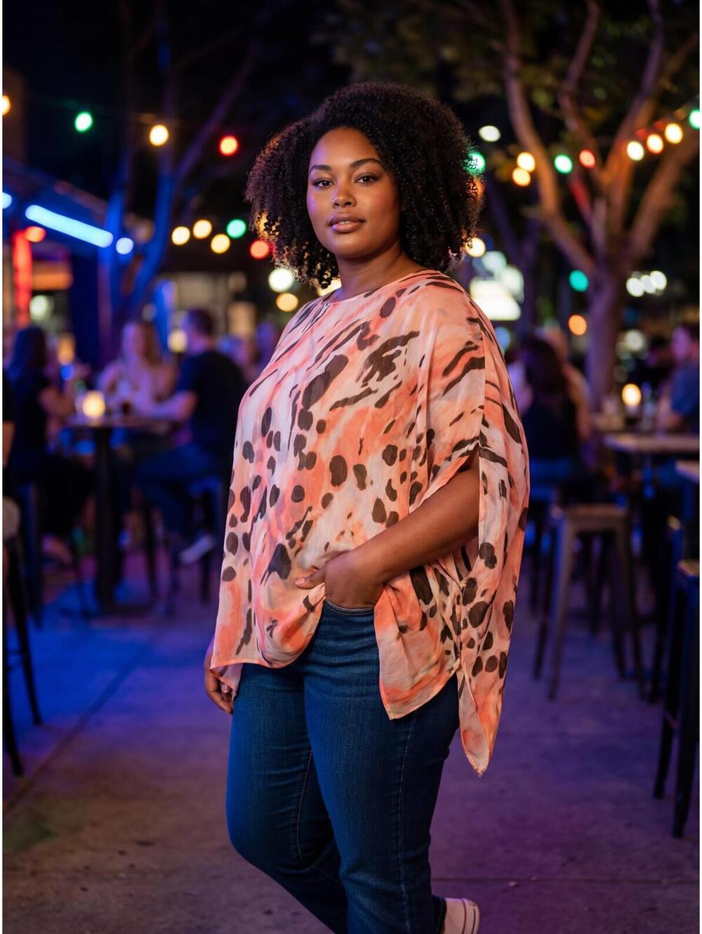Chico’s Sheer Animal Print Poncho Blouse S/M Coral Brown Lightweight Top